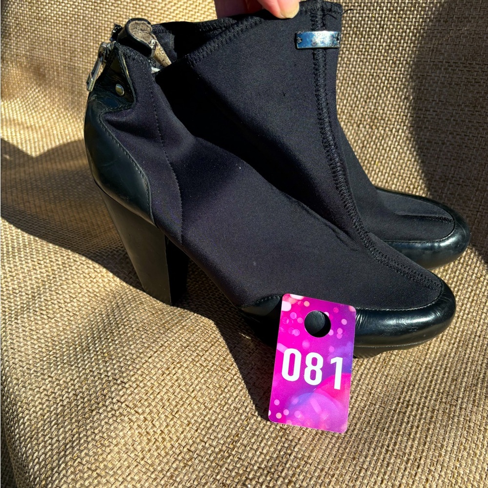 SLVR heeled black boots, leather and stretchy upper, zipper back, ECU, size 8